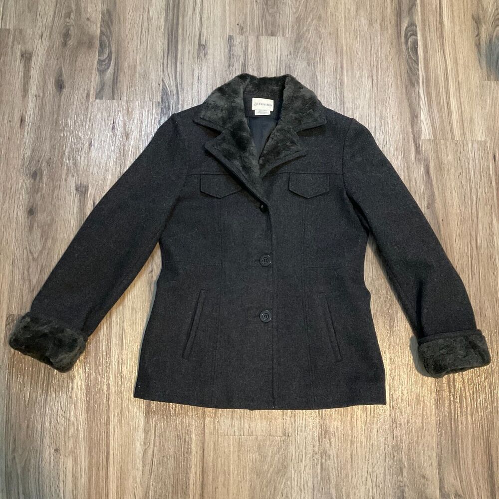 St. John's Bay Wool Pea Coat Vintage Winter Jacket Faux Fur Dark Gray Size Small